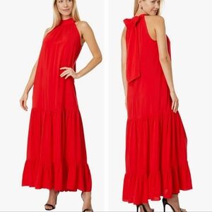 Sz 2x Berry Red vermillion Oscar Bow Back Tiered Maxi Satin Dress Vince Camuto